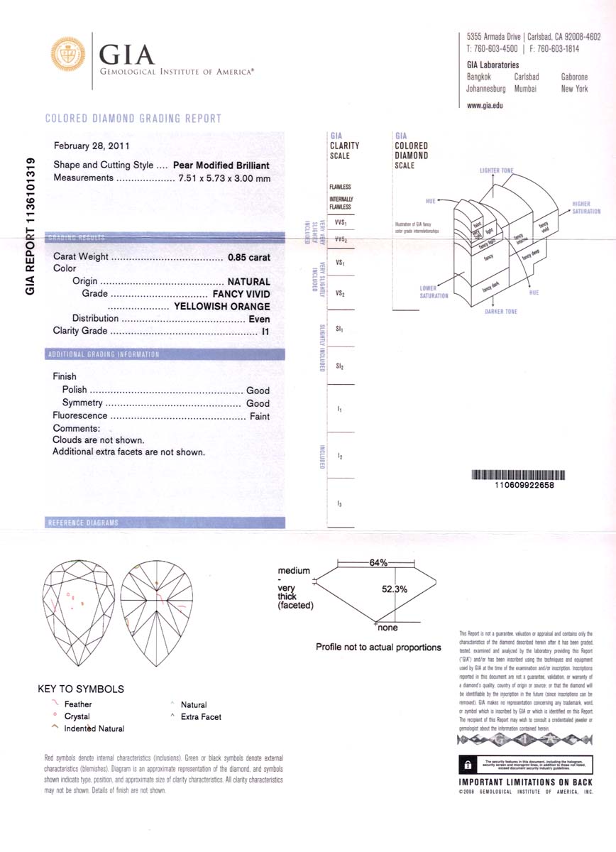 0.85ct Pear Shape, Fancy Vivid y. Orange Diamond - GIA
