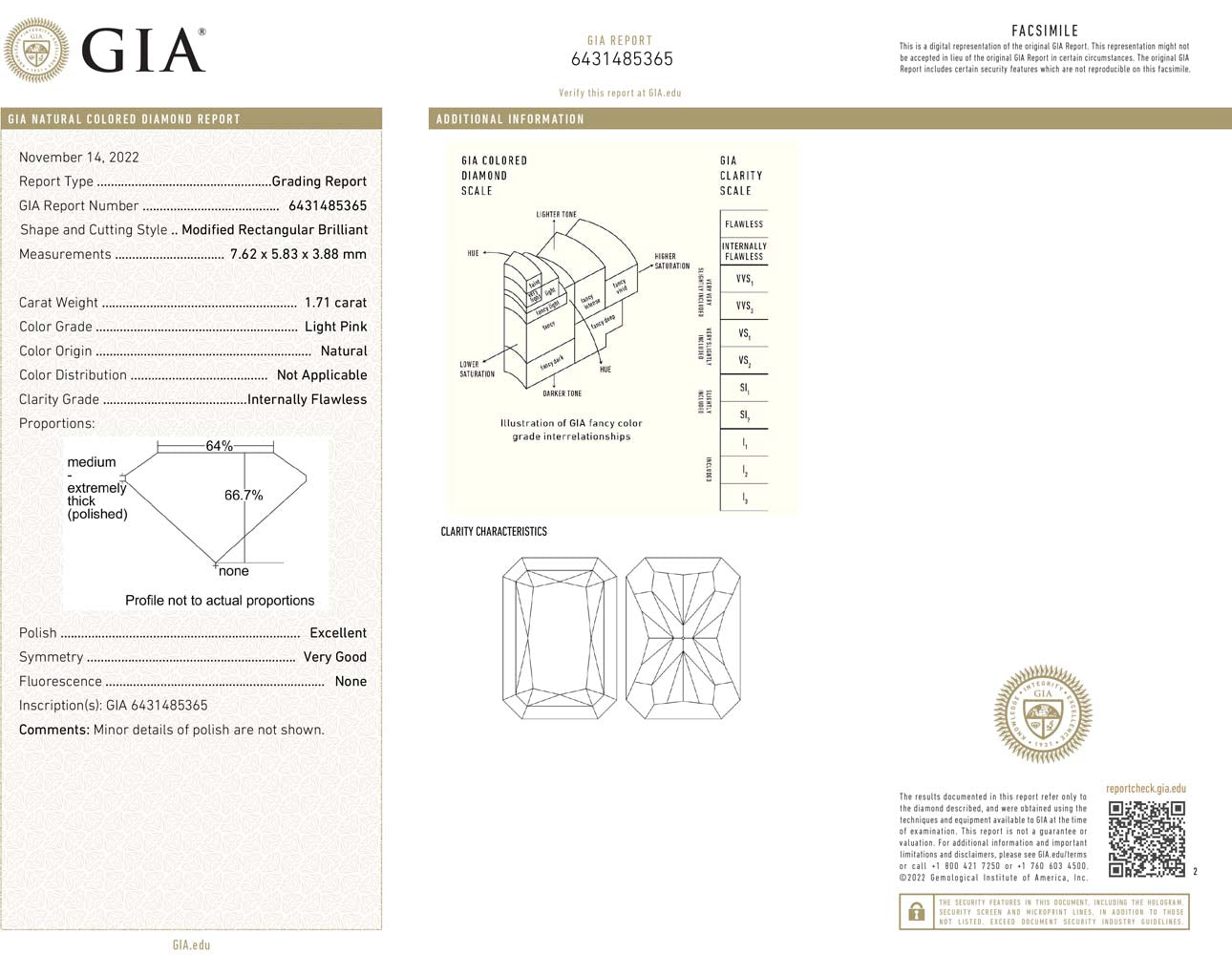 1.71ct Radiant, Light Pink Diamond, Flawless - GIA