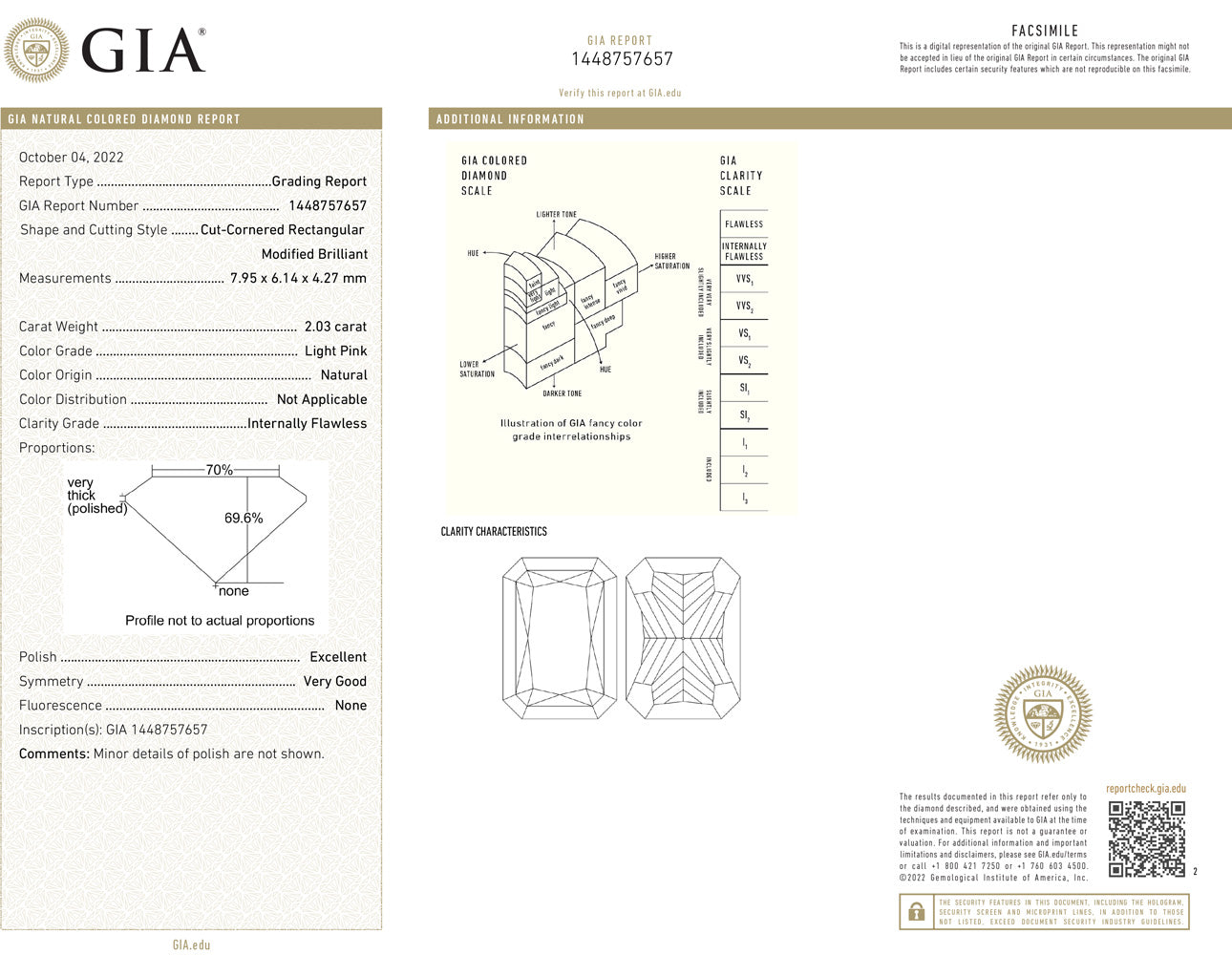 2.03ct Radiant, Light Pink Diamond Ring, Flawless - GIA