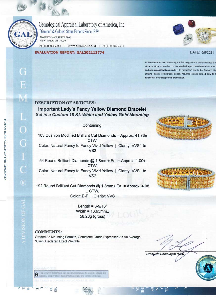 46.81tcw Cushion, Fancy Intense Yellow Diamond Bracelet