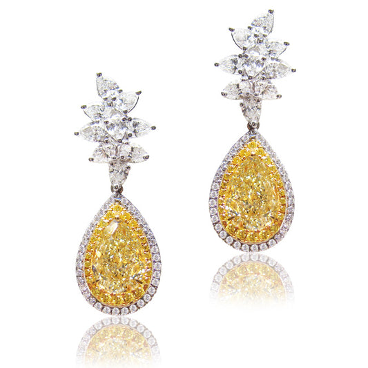 4.24ct Pear Shape, Light Yellow Diamond Earrings (6.52tcw) - GIA