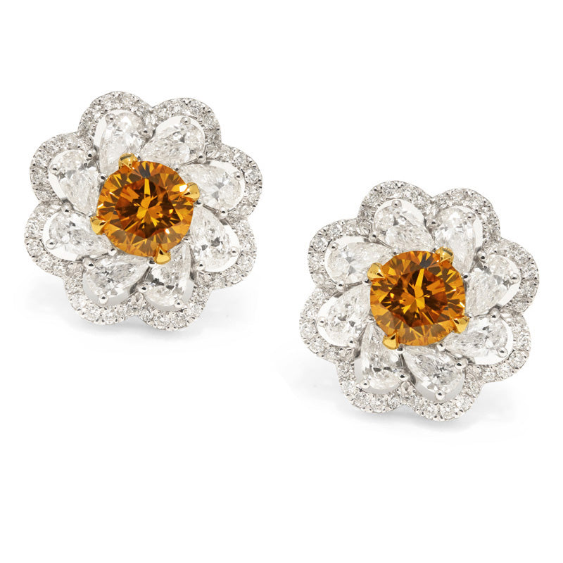Round Brilliant, Fancy Deep Orange Diamond Earrings (Pair)