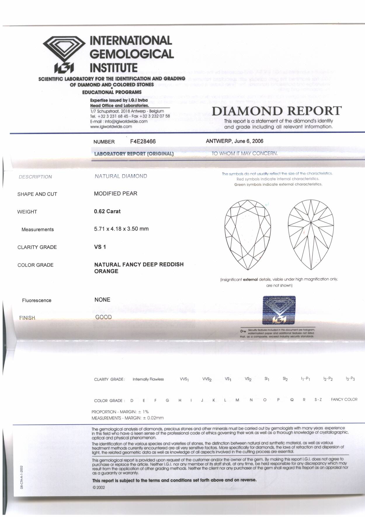 0.62ct Pear Shape, Fancy Deep Reddish Orange Diamond, VS1 - IGI