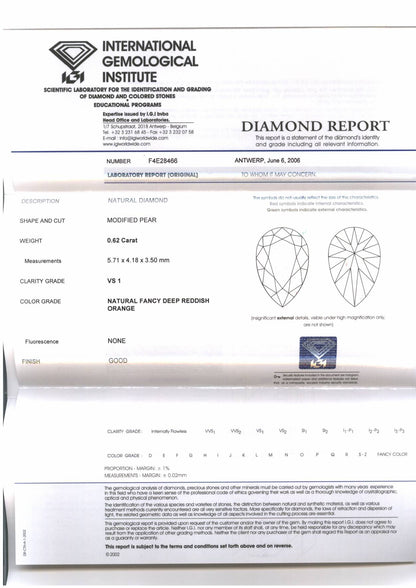 0.62ct Pear Shape, Fancy Deep Reddish Orange Diamond, VS1 - IGI