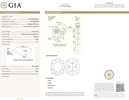 3.20ct Cushion, Fancy Dark Orange Brown Diamond Ring, SI1 - GIA