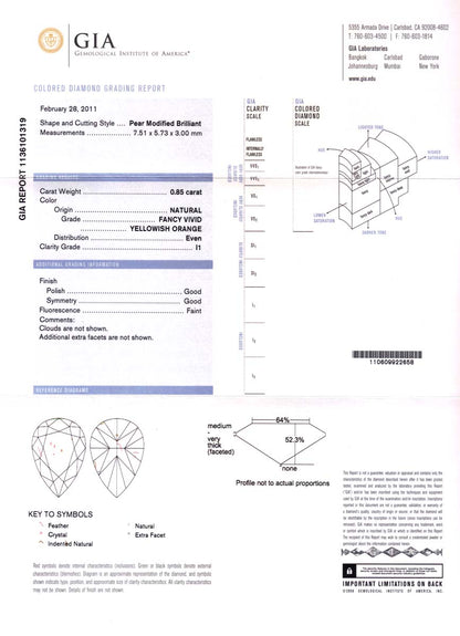 0.85ct Pear Shape, Fancy Vivid y. Orange Diamond - GIA