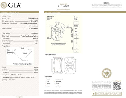 1.01ct Cushion, Fancy Vivid Orangy Yellow Diamond Ring, SI1 - GIA