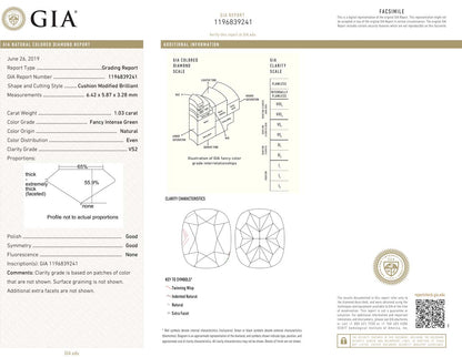 1.03ct Cushion, Fancy Intense Green Diamond, VS2 - GIA