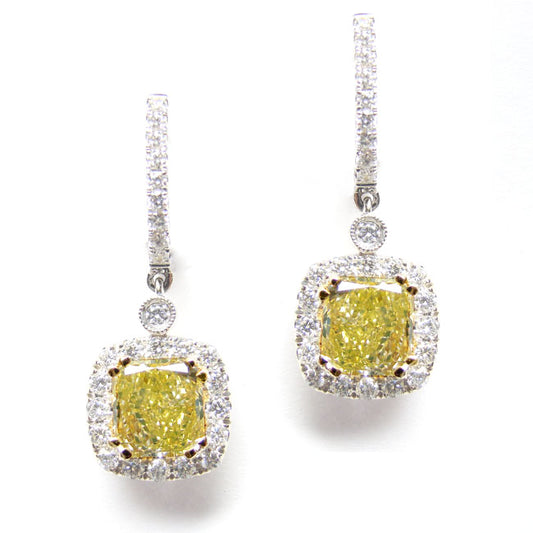 4.36ct Radiant, Fancy Greenish Yellow Diamond Earrings (5.72tcw) - GIA