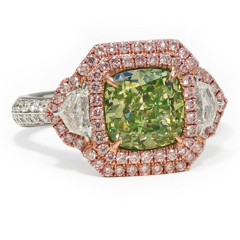 2.6ct Cushion, Green Diamond Ring, VS1 - GIA