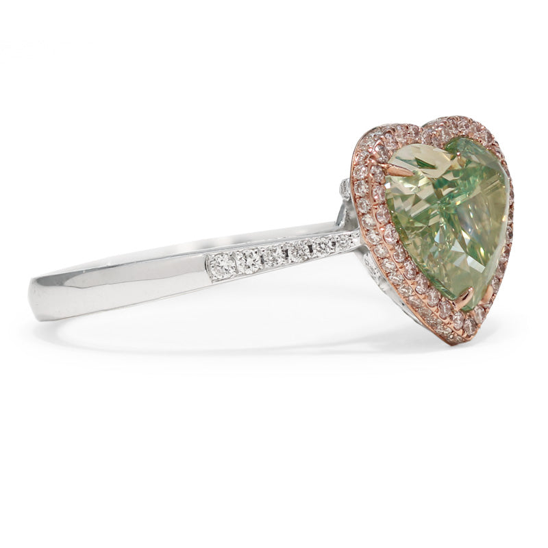 2.50ct Heart Shape, Green Diamond Ring (2.94tcw) - GIA